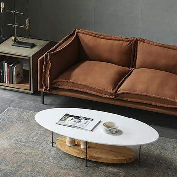 39" White & Natural Oval Coffee Table with Storage Shelf Water Proof & Scratch-Resistant-Richsoul-Coffee Tables,Furniture,Living Room Furniture